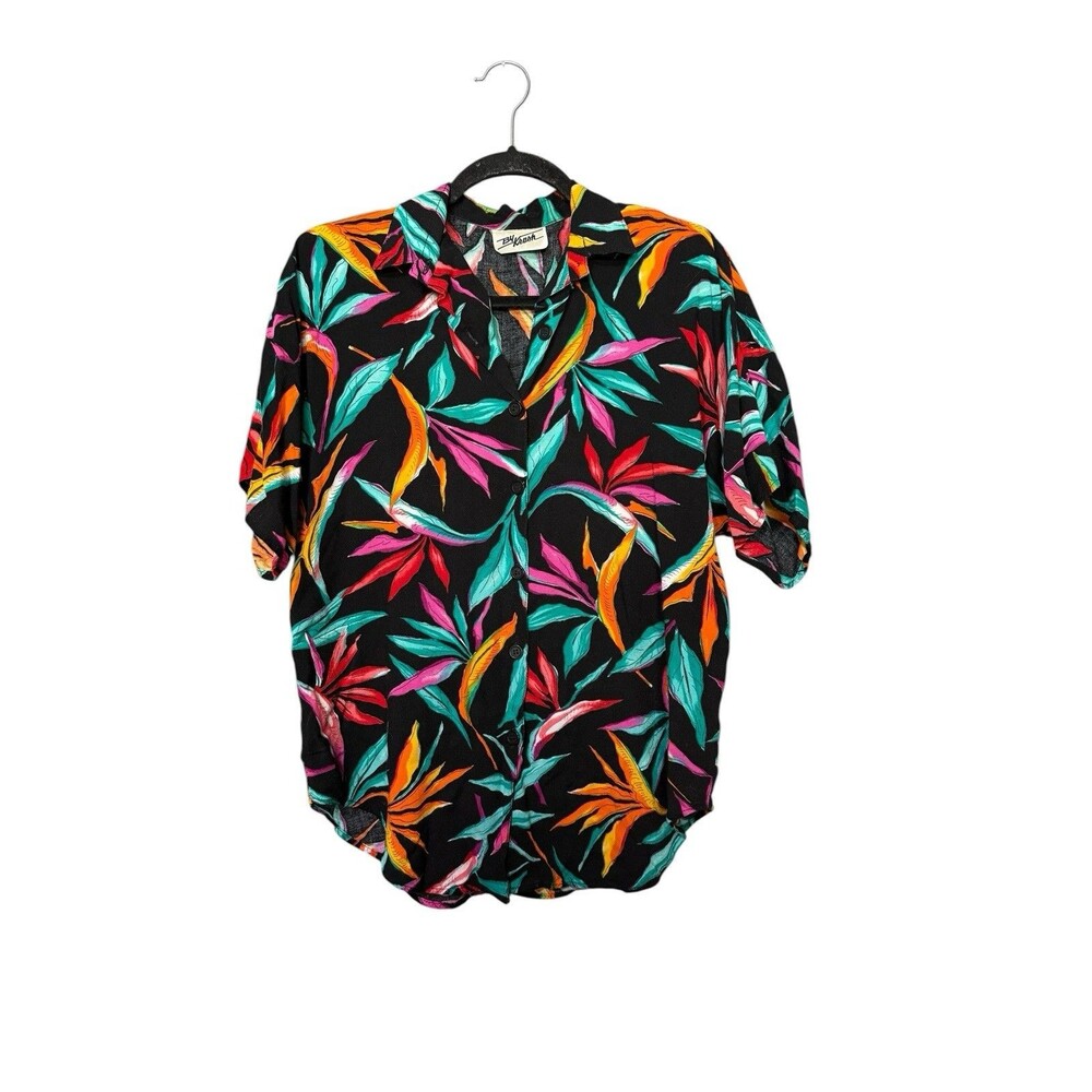 By Krush Tropical Rayon Blouse Black Neon Floral Shoulder Pad Medium